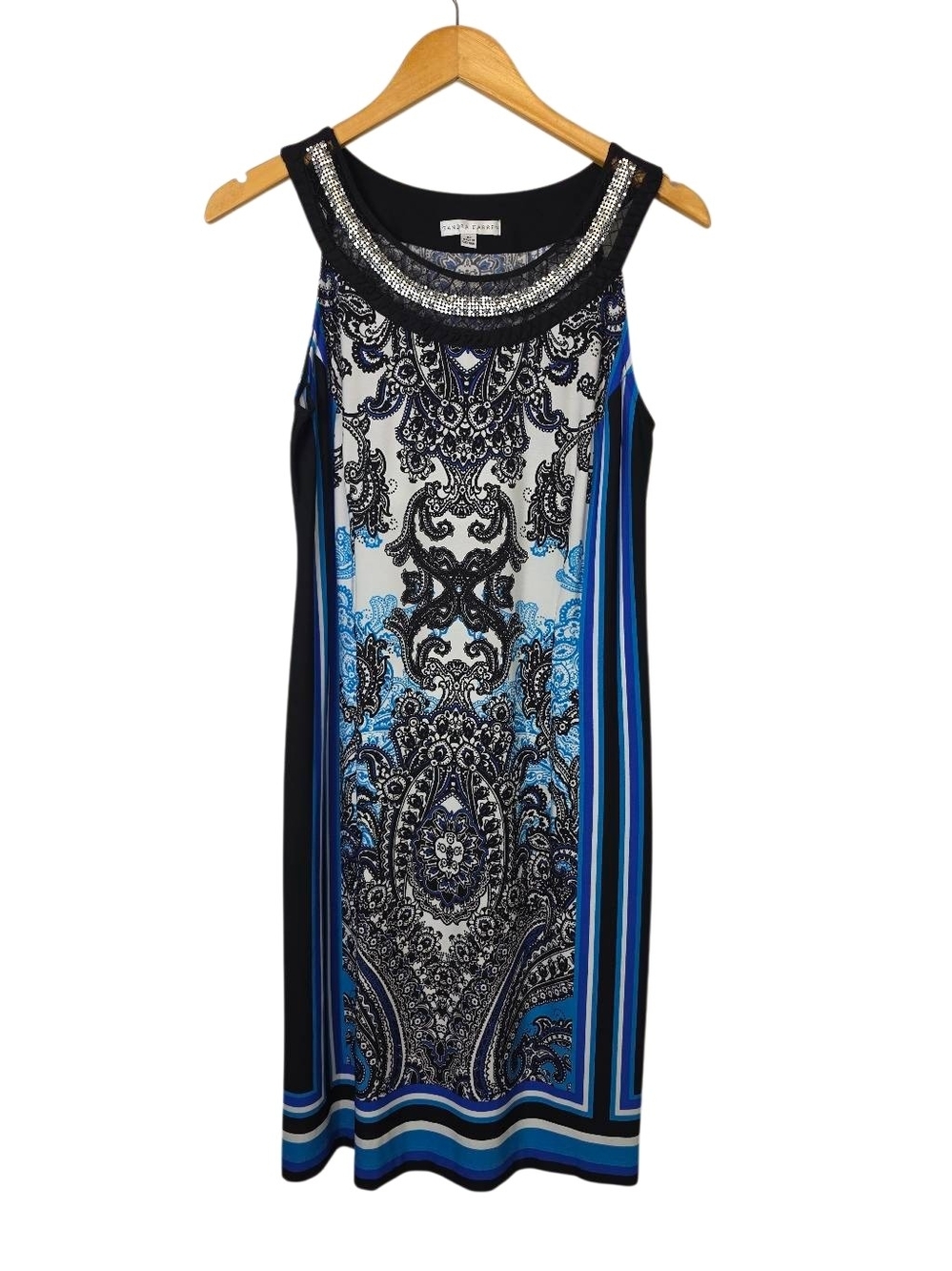 Sandra Darren Black & Blue Beaded Paisley Shift Dress Size 10